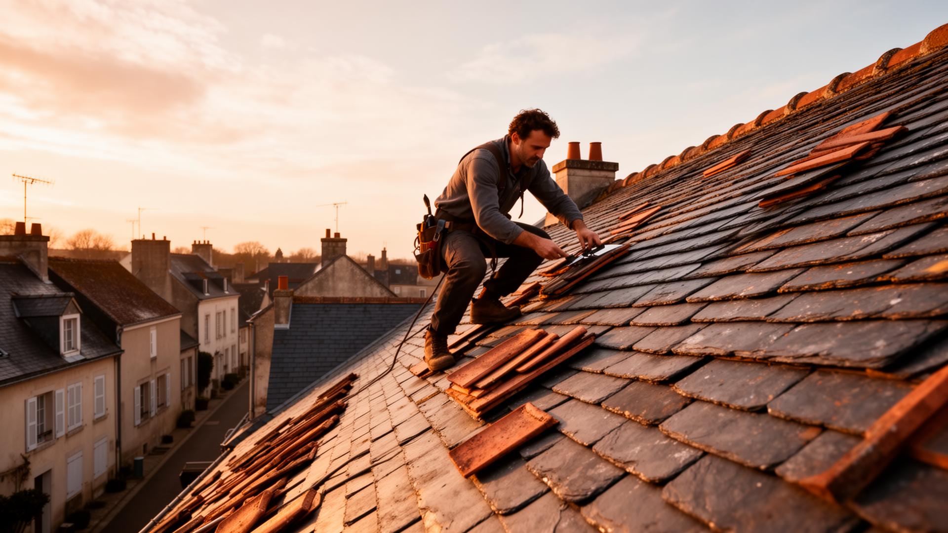Artisan couvreur au travail sur une toiture